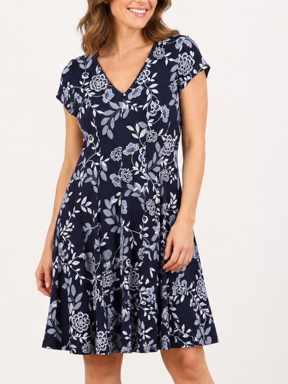 Sandra Darren Navy and White Floral V-Neck Dress Size 12